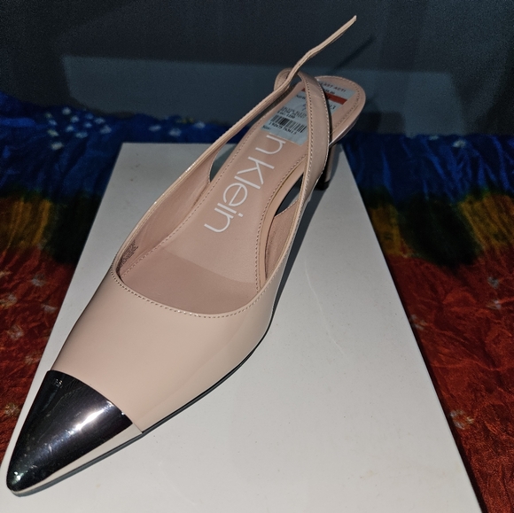 Calvin Klein Shoes - Calvin Klein Reina White Silver Pointy Slingback Heels Sandals SZ 9